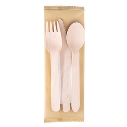 [96707] 100 Tris posate monouso in legno con tovagliolo 16 cm Signor Bio