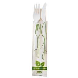[90278] 250 Bis Coltello e forchetta in CPLA bianco con tovagliolo Leone