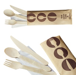 [94981] 48 Tris Cucchiaio coltello e forchetta in legno 16cm con tovagliolo Leone