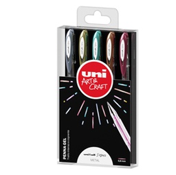 [85796] Astuccio 5 penna sfera gel UNI-BALL SIGNO 0,8mm col.asS. metal UNI MITSUBISHI
