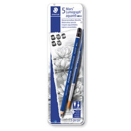 [82654] Astuccio metallo 5 matite+pennello MarsÂ® LumographÂ® acquerell. 3 grad.Staedtler