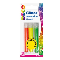 [82413] Blister glitter 3 flaconi grana fine 12ml colori assortiti fluo DECO