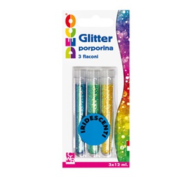 [82415] Blister glitter 3 flaconi grana fine 12ml colori assortiti iridescenti DECO