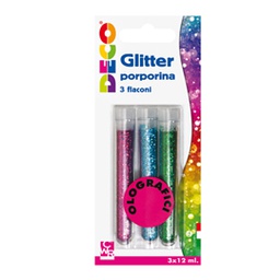 [82414] Blister glitter 3 flaconi grana fine 12ml colori assortiti olografici DECO