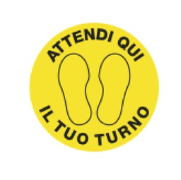 [90466] Bollo adesivo da terra in PVC D43,5cm ''ATTENDI QUI IL TUO TURNO''