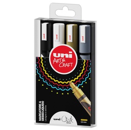 [89223] Busta 4 marcatore a gesso liquido UNI CHALK p.tonda col.ass. (ne/bi/oro/arg)